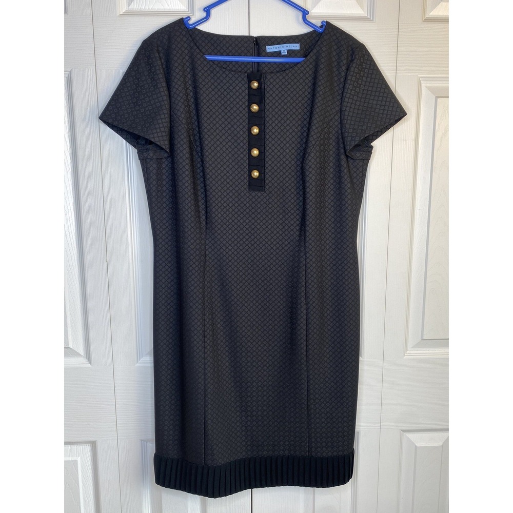 Antonio Melani Dress Black Sheath Gold Buttons Silk Ruffled Hem Diamond S12